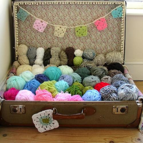 vintage suitcase for yarn storage solution