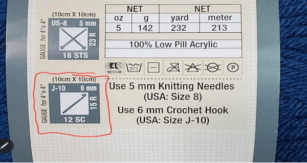 crochet yarn gauge label