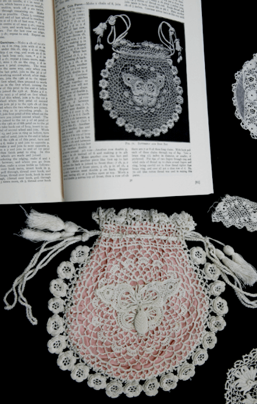 Vintage Irish Crochet Opera Bag and book